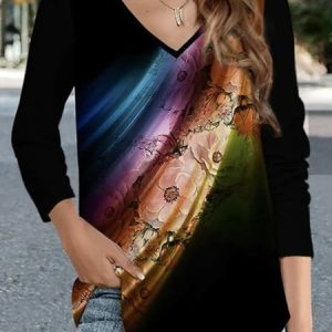 Casual Abstract V Neck Short Sleeve T-shirt, T-shirts, color:Black|size:XXL, catalog Noracora shop