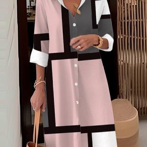 Women Geometric Stand Collar Half Sleeve Comfy Casual Mini Dress, Dresses, color:Pink|size:3XL, catalog Noracora shop