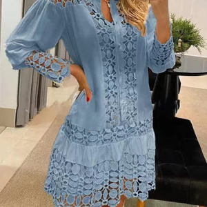 Women Plain Shirt Collar Long Sleeve Comfy Casual Lace Midi Dress, Dresses, color:Blue|size:3XL, catalog Noracora shop