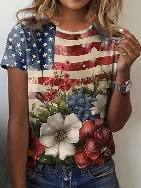 Women's Independence Day Flower Print T-Shirt, T-shirts, Lilicloth.com