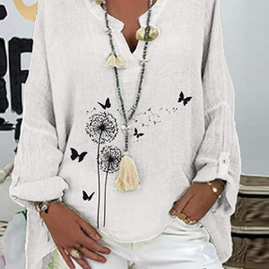 V Neck Long Sleeve Daisy Regular Loose Blouse For Women, Blouses, color:White|size:5XL, catalog Noracora shop