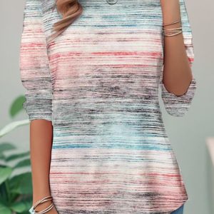 Casual Abstract Stripes Crew Neck Long Sleeve T-shirt, Blouses, color:Multicolor|size:XXL, catalog Noracora shop