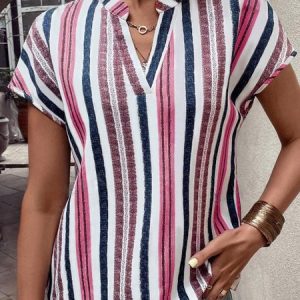 V Neck Short Sleeve Striped Regular Regular Fit Shirt For Women, Blouses, color:Red|size:XXL, catalog Noracora shop