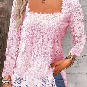 Women Blouse Lace Square Neck Long Sleeve Plain Regular Loose Shirt, Blouses, color:Pink|size:XXL, catalog Noracora shop