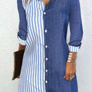 Women Striped Shirt Collar Three Quarter Sleeve Comfy Casual Mini Dress, Dresses, color:Blue|size:XXL, catalog Noracora shop