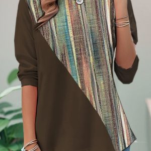 Casual Abstract Crew Neck Long Sleeve T-shirt, T-shirts, color:Brown|size:XXL, catalog Noracora shop