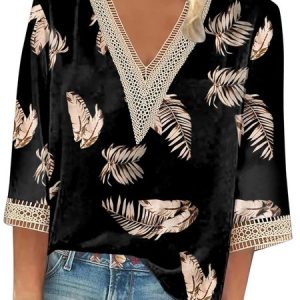 V Neck Half Sleeve Geometric Lace Lightweight Loose Blouse For Women, Blouses, color:Black|size:3XL, catalog Noracora shop