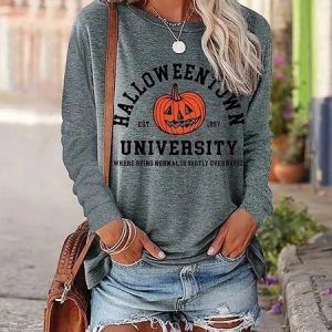 Casual Halloween Crew Neck Long Sleeve T-shirt, T-shirts, color:Gray|size:5XL, catalog Noracora shop