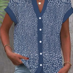 Notched Short Sleeve Small Floral Regular Loose Blouse For Women, Shirts, color:Blue|size:XXL, catalog Noracora shop
