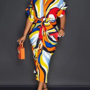 Urban Abstract Shirt Dress With Belt, Midi Dresses, color:As Picture|size:XXL, Stylewe
