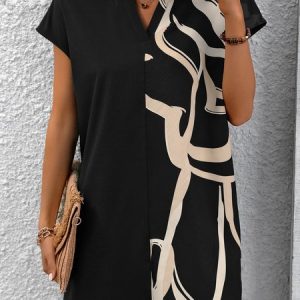 Women Abstract Shirt Collar Short Sleeve Comfy Casual Short Dress, Dresses, color:Black|size:XXL, catalog Noracora shop