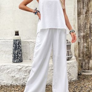 Women Plain Crew Neck Long Sleeve Comfy Casual Top With Pants Two-Piece Set, Sets, color:White|size:XXL, catalog Noracora shop