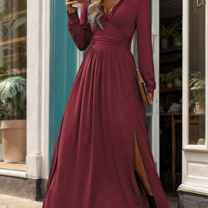 Women Plain V Neck Short Sleeve Comfy Casual Lace Maxi Dress, Maxi, color:Wine Red|size:XL, catalog Noracora shop