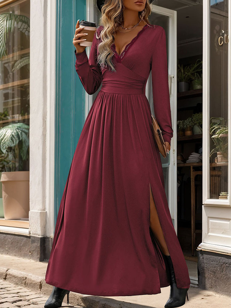 Women's Short Sleeve Summer Plain Lace Dress V Neck Daily Going Out Casual Maxi X-Line Deep Gray, JustFashionNow Dresses, color:Wine Red|size:XL,