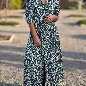 Women Ethnic Shirt Collar Three Quarter Sleeve Comfy Casual Maxi Dress, Dresses, color:Green|size:5XL, catalog Noracora shop