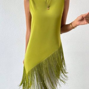 Crew Neck Tassel Hem Urban Tank Top, Tanks and Camis, color:Green|size:XXL, Stylewe