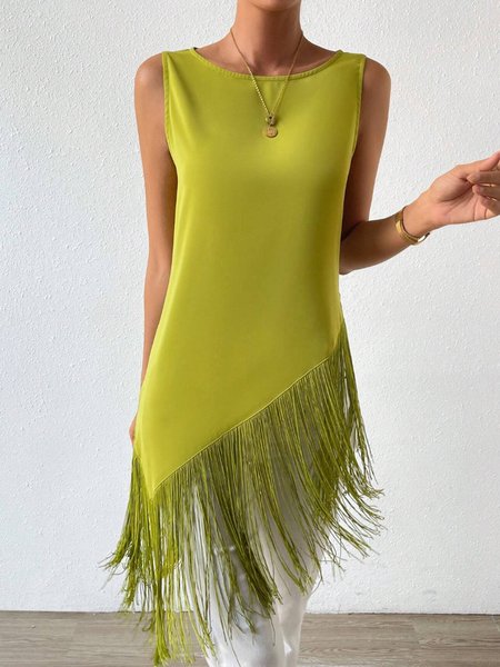 Crew Neck Tassel Hem Urban Tank Top, Tanks and Camis, color:Green|size:XXL, Stylewe