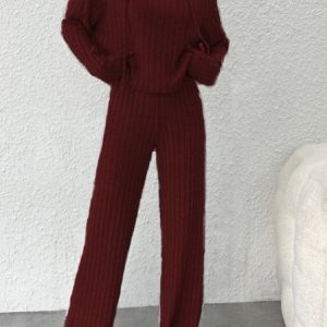 Women's Jersey Plain Daily Going Out Two Piece Set Long Sleeve Casual Spring/Fall Top With Pants Matching Set, JustFashionNow Suit Set, color:Wine Red|size:XXL,