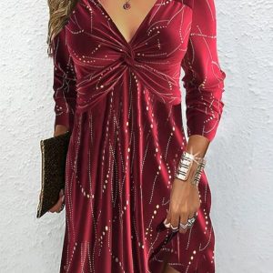 Women Floral Crew Neck Long Sleeve Comfy Casual Mini Dress, Dresses, color:Red|size:XL, catalog Noracora shop