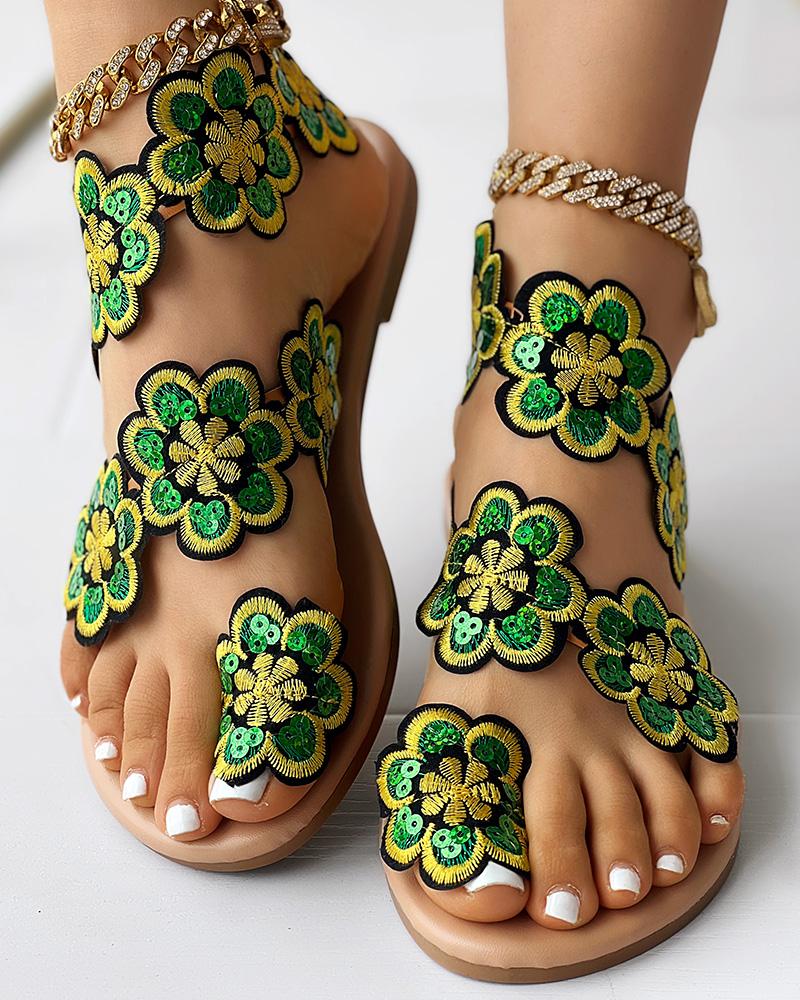 Floral Pattern Toe Ring Beach Sandals, Flats-Sandals, ChicMe catalog