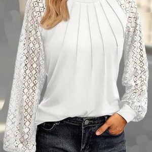 Casual Plain Crew Neck Long Sleeve T-shirt, Blouses, color:White|size:XXL, catalog Noracora shop