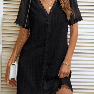 Women Polka Dots V Neck Short Sleeve Comfy Casual Short Dress, Dresses, color:Black|size:XXL, catalog Noracora shop