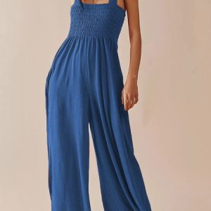 Women Sleeveless Spaghetti Regular Fit Long Daily Casual Plain Natural Jumpsuit, Jumpsuits&Rompers, color:Blue|size:XXL, catalog Noracora shop