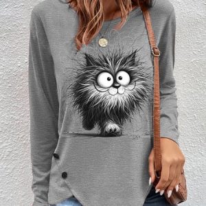 Casual Cat Crew Neck Long Sleeve T-shirt, T-shirts, color:Gray|size:3XL, catalog Noracora shop