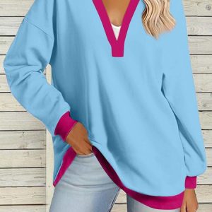 Women's Long Sleeve Blouse Spring/Fall Color Block V Neck Daily Going Out Casual Top Aqua, JustFashionNow Blouses, color:Blue|size:XXL,