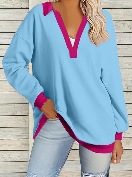 Women's Long Sleeve Blouse Spring/Fall Color Block V Neck Daily Going Out Casual Top Aqua, JustFashionNow Blouses, color:Blue|size:XXL,