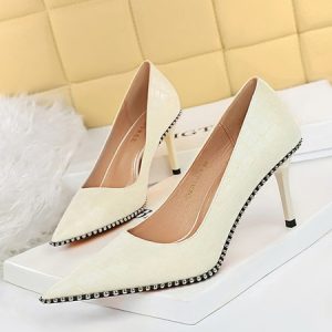 Minimalist Embossed Rivet Stiletto Heel Pumps, Heels, color:Beige|size:43, Stylewe