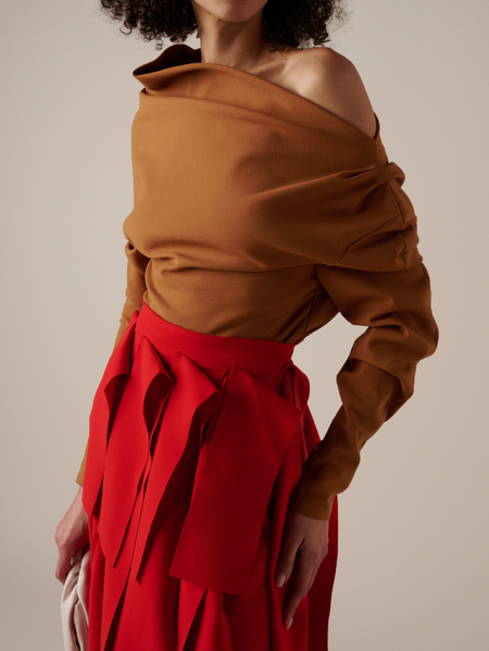 Regular Fit Plain Shirred Off Shoulder Sleeve Urban Blouse, Blouses and Shirts, color:Brown|size:XXL, Stylewe