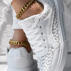 Casual Plain Lace-Up Flat Heel Slip On Glitter, Sneakers&Athletic, color:White|size:43, catalog Noracora shop