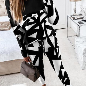 Women Geometric Crew Neck Long Sleeve Comfy Casual Top With Pants Two-Piece Set, Sets, color:Black|size:3XL, catalog Noracora shop