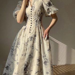 Women Floral V Neck Short Sleeve Comfy Casual Maxi Dress, Dresses, color:Black-white|size:XL, catalog Noracora shop