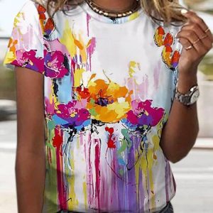 Women's Short Sleeve Tee T-shirt Summer Floral Jersey V Neck Daily Going Out Casual Top Red, JustFashionNow T-Shirts, color:Red|size:XXL,
