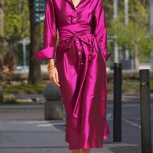 Elegant Plain Regular Fit Pockets Shirt Dress With Belt, Maxi Dresses, color:Rose Red|size:XXL, Stylewe