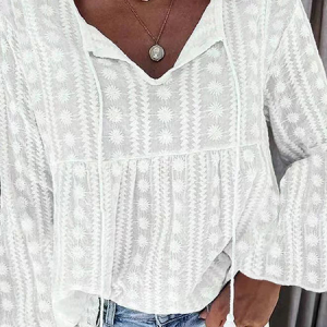 V Neck Long Sleeve Plain Regular Loose Blouse For Women, Blouses, color:White|size:XXL, catalog Noracora shop