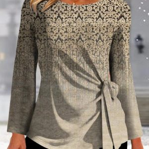 Crew Neck Long Sleeve Ethnic Regular Micro-Elasticity Loose Blouse For Women, Blouses, color:Champagne|size:XXL, catalog Noracora shop