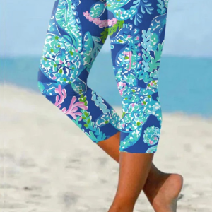 Women's Casual Plants Summer Capris Leggings, JustFashionNow Leggings, color:Blue|size:XXL,