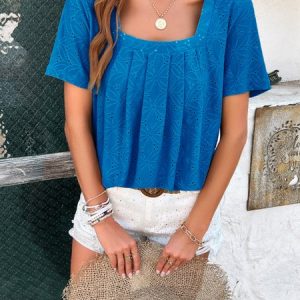Square Neck Short Sleeve Plain Regular Loose Shirt For Women, Blouses, color:Blue|size:XL, catalog Noracora shop