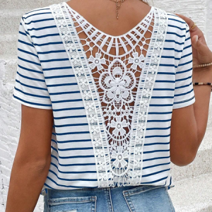 Women's Short Sleeve Tee Summer Striped Lace Hollow out V Neck Going Out Elegant Top White Red, JustFashionNow Blouses, color:Blue|size:XXL,