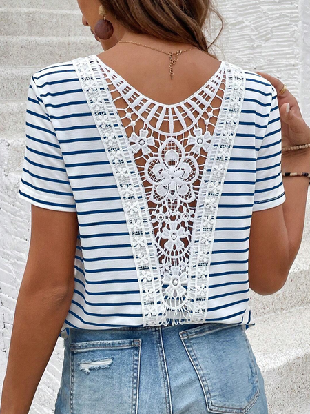 Women's Short Sleeve Tee Summer Striped Lace Hollow out V Neck Going Out Elegant Top White Red, JustFashionNow Blouses, color:Blue|size:XXL,