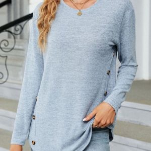 Casual Plain Crew Neck Long Sleeve T-shirt, T-shirts, color:Blue|size:XXL, catalog Noracora shop