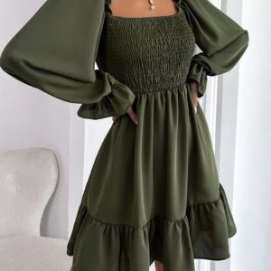 Women Plain Square Neck Short Sleeve Comfy Casual Mini Dress, Dresses, color:Army Green|size:XXL, catalog Noracora shop