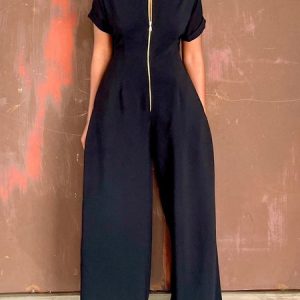 Zipper Crew Neck Regular Fit Urban Plain Jumpsuit, Jumpsuits, color:Black|size:XXL, Stylewe