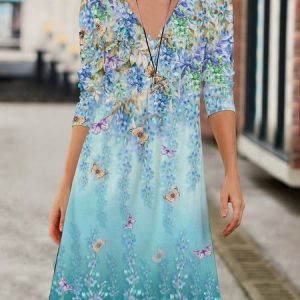 Floral Design V-Neck Loose Long-Sleeved Dress, Dresses, Lilicloth.com