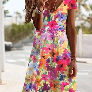 Women's Short Sleeve Summer Floral Dress V Neck Daily Going Out Casual Mini H-Line, JustFashionNow Dresses, color:Red|size:XXL,