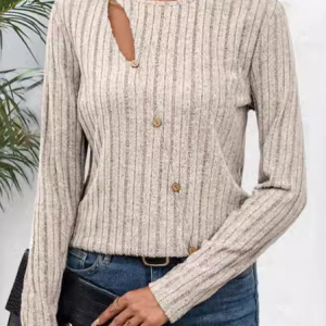 V Neck Long Sleeve Plain Buttoned Regular Micro-Elasticity Loose Blouse For Women, Blouses, color:Apricot|size:XL, catalog Noracora shop