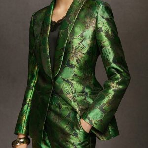 Sleek Urban Floral Shawl Collar Stain Blazer, Blazers, color:Green|size:XXL, Stylewe